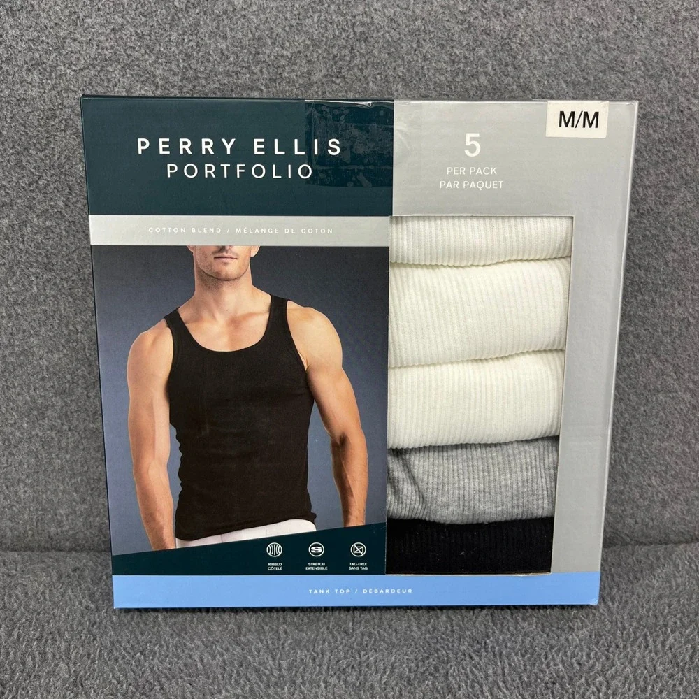 Perry Ellis Portfolio Tank Top Mens Medium 5 Pack White Grey Black Ribbed Cotton